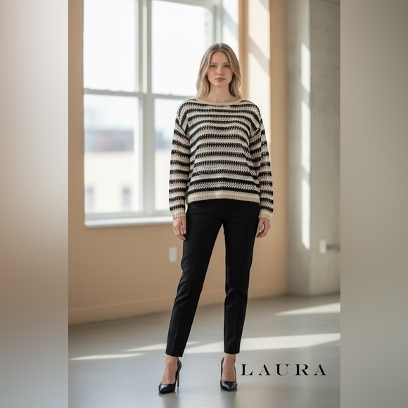 Laura Sweaters - NEW, Laura, Striped Open-Knit Sweater, XL, Black, White, Cream